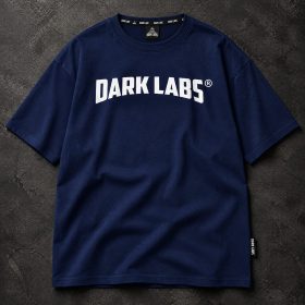 Dark blue oversized Dark Labs T-shirt with white chest logo, flat lay