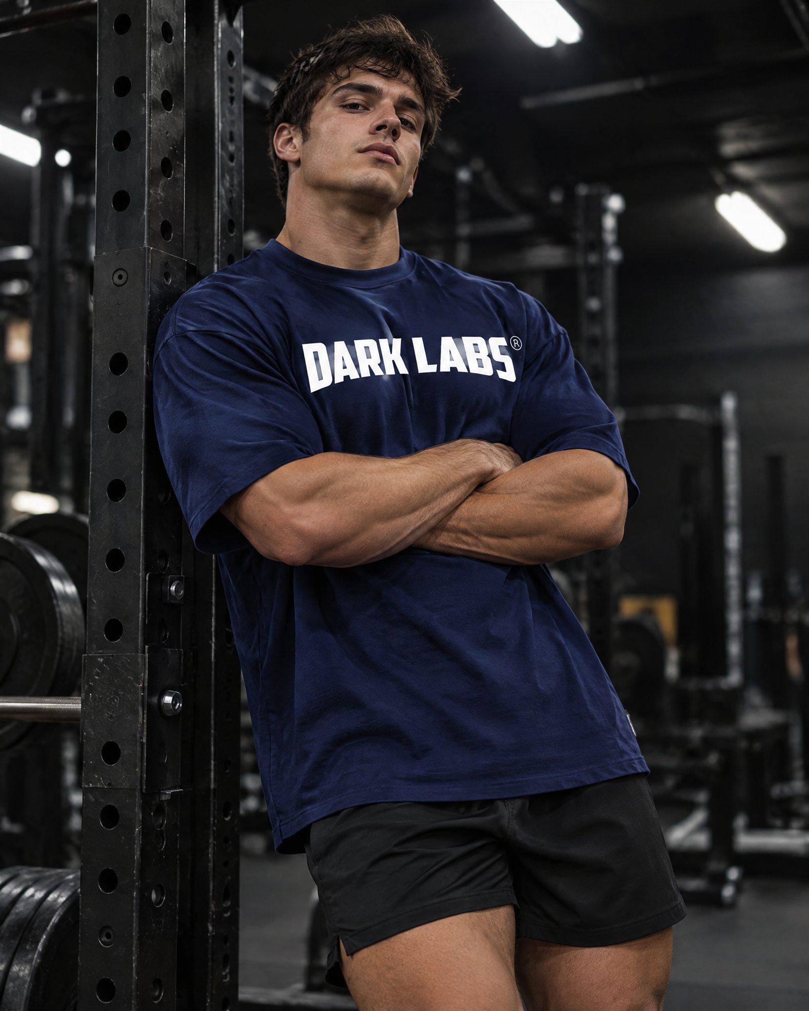 Lifter wearing the dark blue oversized Dark Labs T-shirt at a power rack