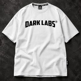 White oversized Dark Labs T-shirt with black chest logo, flat lay